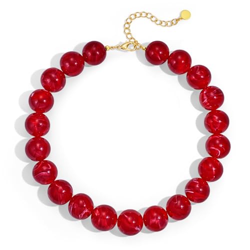 Zhuozatrfa Deep Red Chunky Beaded Necklace for Women Large 20MM Oversized Resin Bead Necklace Bold Statement Choker Necklaces Elegant Jewelry for Party Holiday