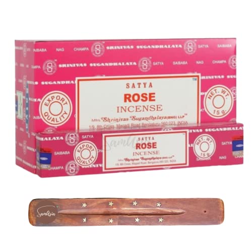 Satya Nag Champa Rose Incense Sticks | x12 pack | with SAMASIA incense sticks holder | Used for Roomatherapy, Spa, Yoga, Weddings, Meditation, Healing, Positivity and Relaxation