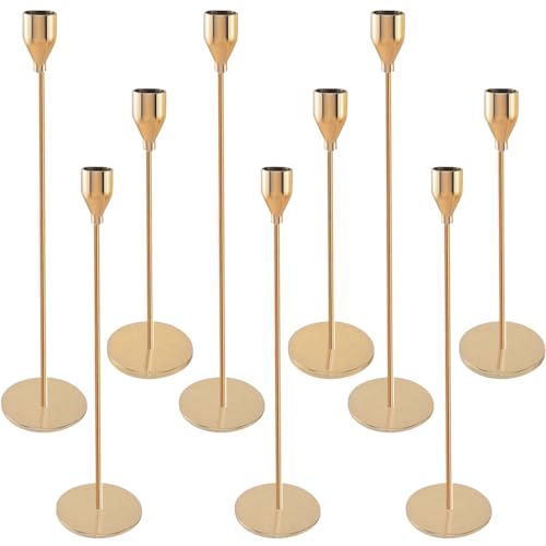 Dazhtu 9 Pcs Bougeoir Chandelier Rétro Métal Porte-Bougie Conique pour Mariage Noël aux Chandelles Dîner Banquet ​Or Bougeoirs Porte-Bougies pour Table,...