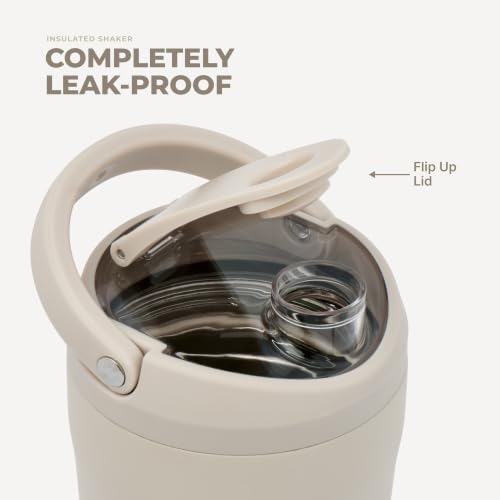 Image of HydroJug Insulated Protein Shaker Bottle 24 oz, Silent Mixing, Dune | Leak-resistant, triple wall insulated, flip-top cap, antimicrobial Tritan lid, bucket handle, cup holder fit, dishwasher safe