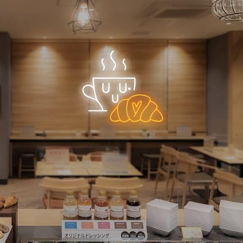 Image of Coffee & Croissant LED Neon Sign,Bakery Shop Bakery Decoration Neon Light coffee Cup Home Bar Wall Decor Croissant Lover Gift For Family Party Bedroom Restaurant Bar Birthday