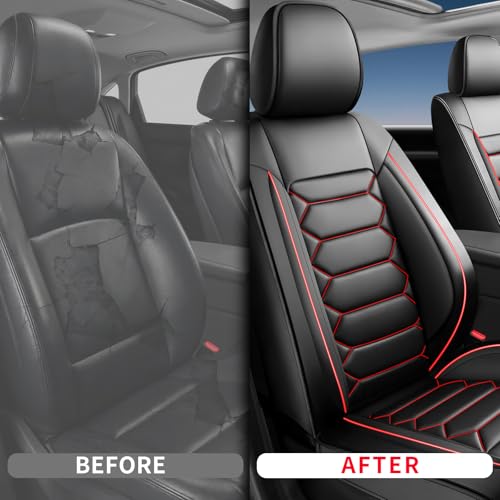 Image of Fit Sierra Car Seat Covers (Only Front 2 Seats) Compatible with GMC Sierra 1500 /2500 /3500 2000-2026-Full Coverage Breathable Leather, Airbag Compatible, Waterproof & All-Weather, Black+Red