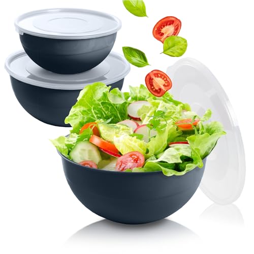 EDANTI Salatschüssel Set groß mit Deckel 3 Schalen 2-5L Kunststoff Schüsselset Servierschalen ideal zum Mischen und Servieren Schale (Dunkelgrau)