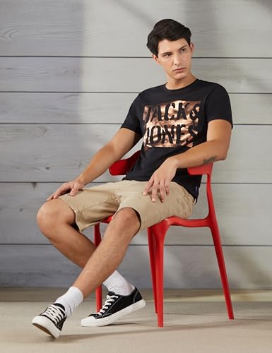 Image of Jack & Jones Men's Typography Printed Round Neck Short Sleeves Cotton Slim Fit Letter Print T-Shirt