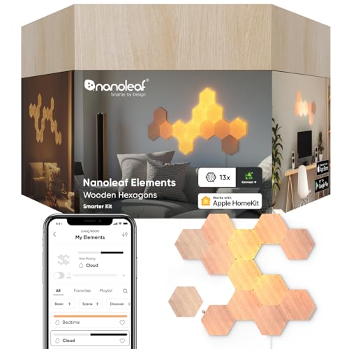 Nanoleaf Elements Starter Kit, 13 Esagoni Luminosi LED Effetto Legno Smart - Applique da Parete Interno Modulari, Luci Led Dimmerabile WiFi, Funziona con Alexa, Sincronia Musicale, Decorazioni Casa