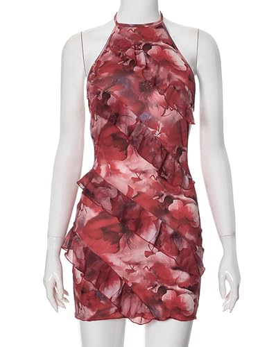 Image of Yuopeid Women's Sexy Halter Neck Backless Printed Mini Dress Floral Layered Ruffle Bodycon Short Party Dress