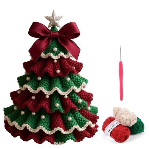 DIY Crochet Christmas Tree Kit,Handmade Holiday Decoration Set,Tree Bow Pearl Embellishment,Beginner Christmas Crochet Kit,Xmas Party Crochet Decorations,Christmas Craft Kit