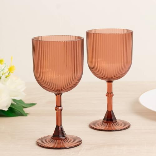 Efavormart 12 Pack Dusty Rose Reusable Plastic Wine Glasses with Vintage Ribbed Pattern, 9oz Shatterproof Water Goblets Vintage Drinking Glasses - 6.5"