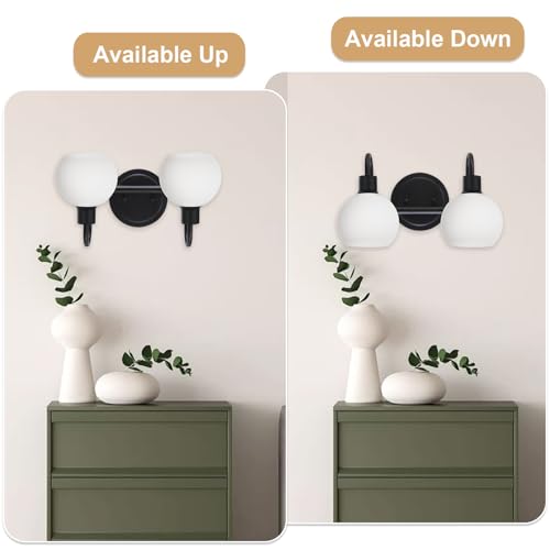 Image of 2-Light Black Bathroom Light Fixture, Milk White Globe Wall Sconce Lamp for Hallway Bedroom Foyer Cabinets, Modern Vanity Lights E26 Socket