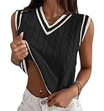 RefindWin Women's Casual V Neck Cable Knit Sweater Vest Solid Sleeveless Tank Tops Women Vest 2024 Black M