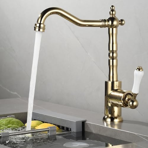 OREKPOT Retro Vintage Kitchen Taps, Kitchen Mixer Taps 1 Hole Swivel Spout Kitchen Sink Mixer Tap Single Lever Chrome，Gold