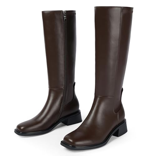 Image of QIY Knee High Boots for Women Low Heel Flat Tall Boots | Stretch Boots, Chunky Heel Womens Boots, Square Toe Heeled Fall Winter Dress Riding Long Boot with Side Zipper
