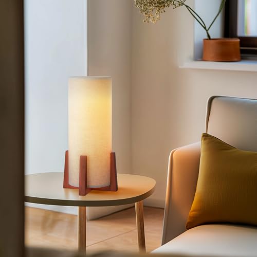 Fengarolam Modern Small Table Lamps, Nightstand Lamp with Linen Fabric Shade, 13.97' Cylinder Wood...