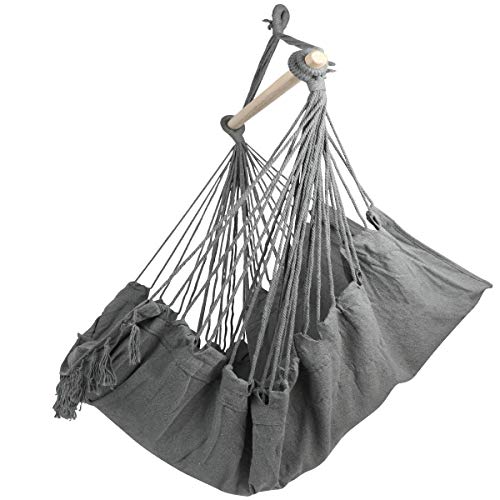 E EVERKING Hammock Chair, Hanging Rope Swing Seat for Indoor Outdoor, Soft Durable Cotton Canvas, 2 Cushions Included, Large Reading Chair with Pocket for Home, Bedroom, Patio, Porch (B-Gray) - Thumbnail 4