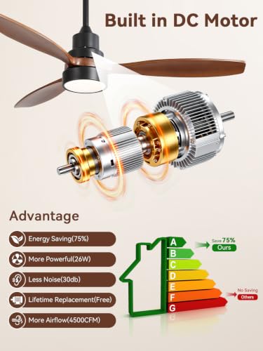 Image of Sofucor 52 inch Ceiling Fan with Lights and Remote, 3 Wood Blades, Brown