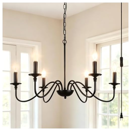 HOXIYA 25.6" DIMMABLE Plug in Chandelier Lighting with Cord, 6 Light Modern Farmhouse Chandelier for Dining Room, Retro Chandelier Rustic Ceiling Pendant Light for Kitchen Living Room Bedroom Foyer