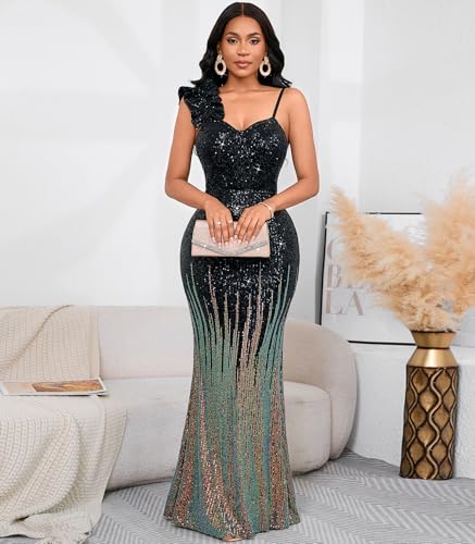 Image of Cololura Women Sexy Elegant Sequin High Split Ruffled Hem Mermaid Party Cocktail Bodycon Formal Evening Gowns Maxi Dress