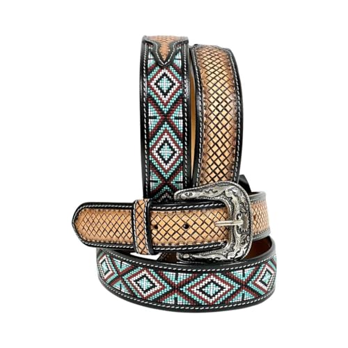 Western Tooled Leather Beaded Belt with Removable Buckle Heavy Duty Rodeo Style Belt 30IS101
