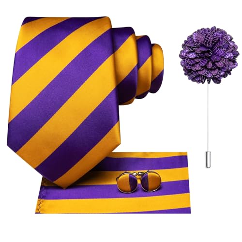 Image of Dubulle Mens Tie and Lapel Pin Paisley Striped Floral Necktie for Men Pocket Square Cufflinks 4PCS Set Wedding Party