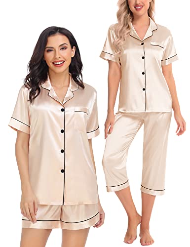 SWOMOG Women 3 PCS Silk Satin Pajama Set Short Sleeve Pjs Set Button Down Sleepwear Bridal Lounge Sets Shorts and Capri Pants - Image 3