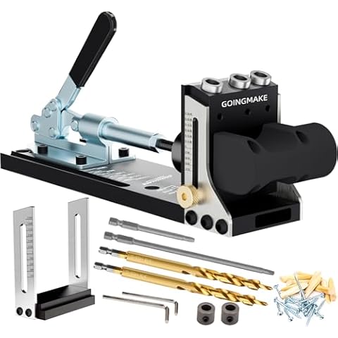 GOINGMAKE All Metal Pocket Hole Jig Kit with Quick Clamp and Dust Collection Easy Use 3 Holes Pocket Hole Screw Jig System 3/8 Inch Accurate Adjustable Drill Guide with Accessories Woodworking Tool Cover