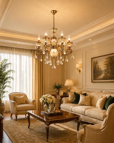 Image of Modern Crystal Chandelier, 6-Light Ceiling Light Glass Fixture, Antique Bronze with Crystal Droplets, Gold Designer Shades for Living, Dining, Bedroom, Staircase & Foyer with Filament Bulbs