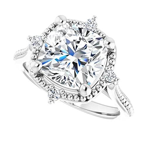 4 Ct Cushion Cut Colorless Moissanite Halo Doted Engagement Ring, Wedding/Bridal Ring Set, Solitaire Style, Solid Sterling Silver Vintage Antique Anniversary Promise Ring Gift For Her (9.5) #TOP11