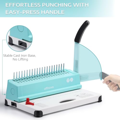 Image of OFFNOVA Binding Machine, 21-Hole 450 Sheets Paper Comb Punch Binder Machine for Letter Size / A4 / A5 Paper, Easy to Punch Handle, Adjustable Margin, Mint with White Base