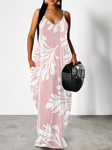 Image of Women's Summer Maxi Dress Spaghetti Strap Floral Boho Beach Long Sundress with Pockets