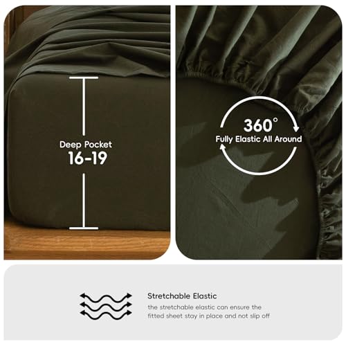 MOOMEE Bedding Sheet Set 100% Washed Cotton Linen Like Textured Breathable Durable Soft Comfy (Olive Green, Queen) - Image 6