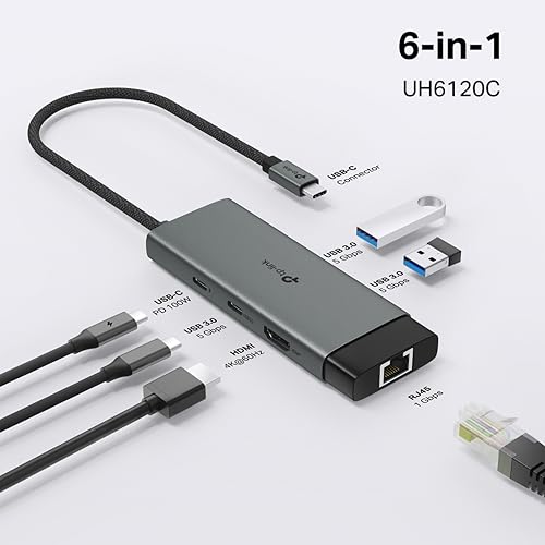 Image of TP-Link USB Type-C 6-Port Hub with a 4K@60Hz HDMI, 1 Gbps ethernet, 1x USB-C Data Ports, 2x USB-A Data Ports, Powerful 100W Fast Charging, Stable Connection, Plug & Play (UH6120C)
