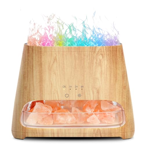 SALKING Diffuseur d’Huiles Essentielles 2 en 1, Lampe en Cristal de Sel de l’Himalaya, Diffuseur d’Aromathérapie 150 ML, 8 Couleurs LED, Lumière Effet Flamme, Arrêt Automatique, sans BPA