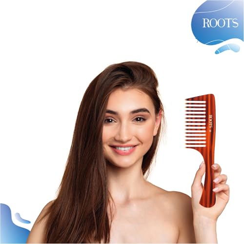 Image of ROOTS Comb with Handle | Wide Teeth | Smooth & Round Teeth prevent Hair & Scalp damage | For Women with Straight, Long, Silky, Wavy Hair | Wet & Dry use | Length - 8.4 Inch | Model No - 38