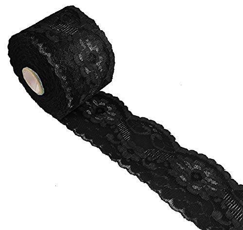 Lace ribbon 20 Yards Floral Pattern Fabric by The Roll for DIY Wedding Invitation, Cards, Decorating, Sewing, Hair Bow Making, Gift Package Wrapping, Floral Designing & Crafts. 2 Inch Wide (Black)