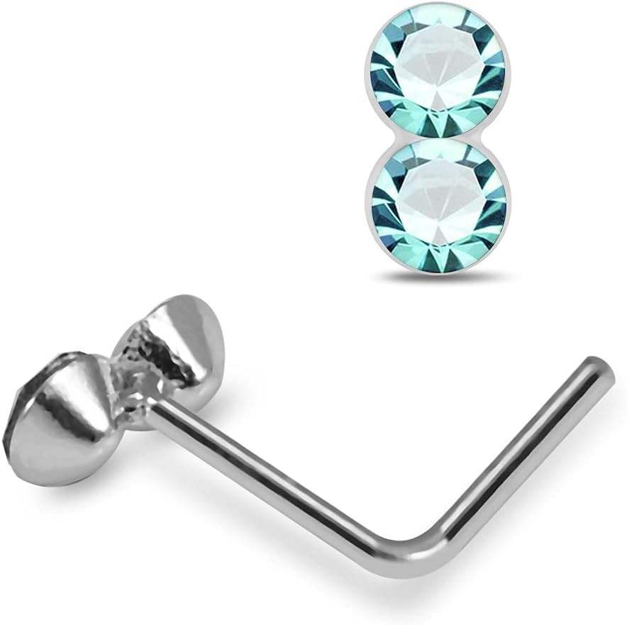 Light Blue Double Round Gemstone Top 22 Gauge Silver L Bend Nose Stud Piercing Jewelry