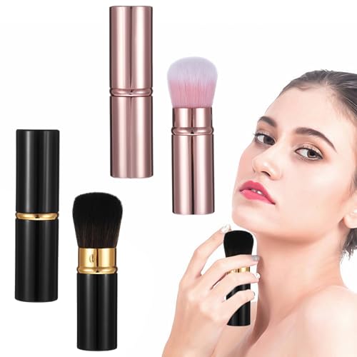 PEOVLVN Lot de 2 pinceaux de maquillage de voyage rétractables avec couvercle Kabuki pour fond de teint, crème liquide, anti-cernes, blush (doré, noir)