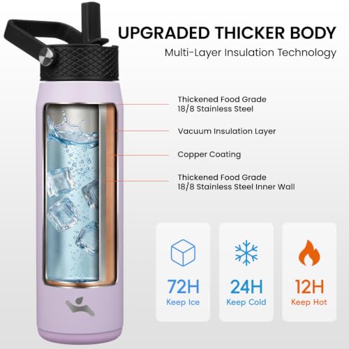 Image of Konokyo 25oz Insulated Stainless Steel Water Bottle with 3 Lids, Leakproof BPA-Free Bottle with Straw Lid, Sip Lid and Flex Cap for Gym, Travel, School, Office, Taro Purple