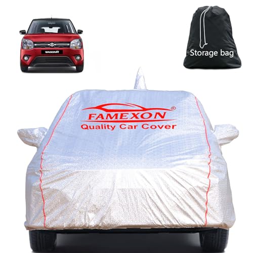 Image of Full Body Car Cover for Maruti Suzuki WagonR with Mirror and Antena Pocket Triple Stiched(Silver with Red Piping)