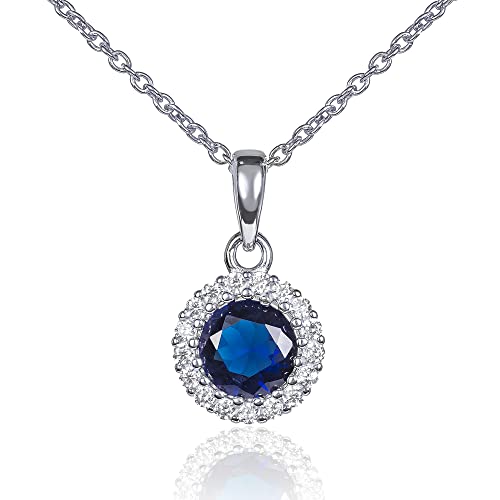 Collar con colgante de halo de plata de ley 925 para mujer de Diamond Treats, con circonitas cúbicas blancas, verdes, azules o rojas, elegante collar redondo de halo de plata con una caja de regalo