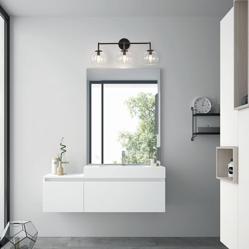 Image of Industrial Vanity Light Fixture, 3-Light Matte Black Farmhouse Globe Glass Bathroom Wall Sconce Lighting, E12 Base