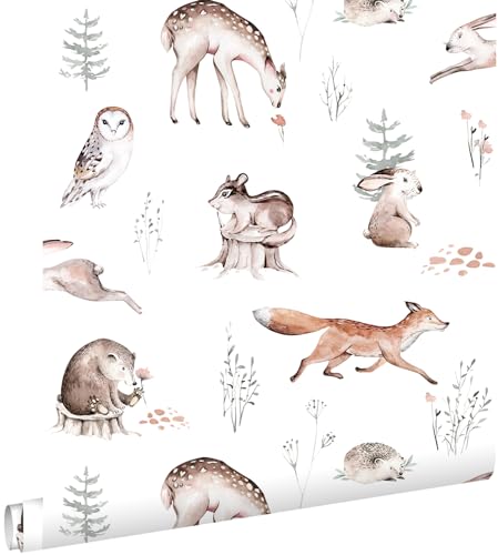 Esta Home papel pintado animales del bosque vintage blanco, naranja y marrón 53 cm x 10.05 m