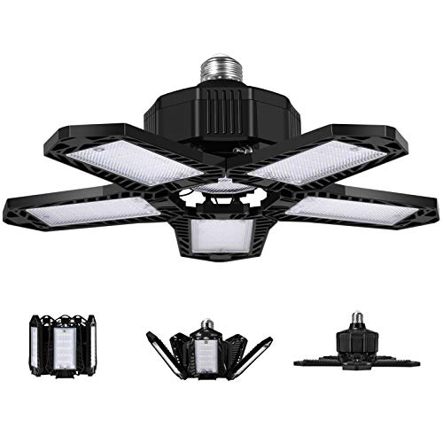 LED Garage Lights 80W 8000LM Deformed Garage Ceiling Light 6500K Daylight Ultra-Bright Led Garage Lamps,with 5 Adjustable Panels Mining Lamps for Warehouses,Workshop,Basements,Barn (Black)