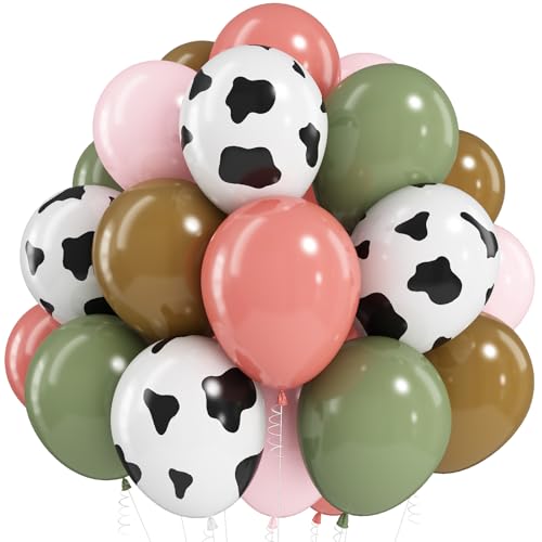 Image of Cowgirl Balloon Dusty Blush Pink Sage Green Brown Tan Coffee Beige Sand White Nude Retro Balloons Cow Print Balloon for Boho Rodeo Barnyard Baby Shower Birthday Farm Animal Western Party Decorations