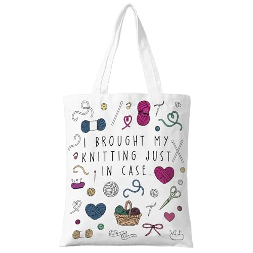 ZYQFN I Brought My Knitting Just In Case Tote Bag - Cute Yarn Lover Knitters Gift - Reusable Project Bag for Crochet & Needlework - Funny Knitting Accessories for Women & Crafters. (154)