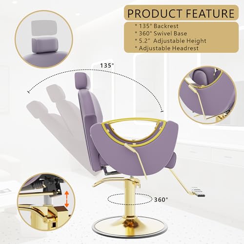 Image of Barber Chair, Reclining Hair Salon Chair, 360 Degrees Swivel Styling Chair, Height Adjustable Hydraulic Shampoo Chairs, Spa Equipment (Purple)