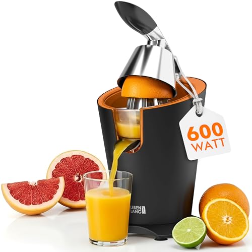 LEBENLANG Orangenpresse elektrische Edelstahl 600W - Inkl. Edelstahlkegel & BPA-Frei I Hohe Saftausbeute für Orangen & Zitronen I Elektrische Saftpresse elektrisch Entsafter Zitruspresse Fruchtpresse