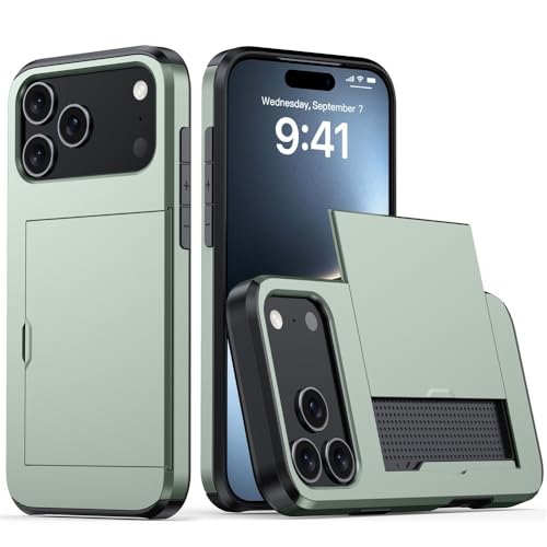For iPhone 17/17 Air/17 Pro/17 Pro Max用スリムケース、背面カードスロットスライドカバー、高耐久衝撃保護PCシェル、滑り止めグリップ