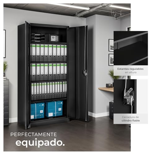 tectake® Armario Archivador Oficina en Acero 180x90x40 cm, Armario Exterior e Interior con Cerradura, Armario Multiusos con 2 Puertas, 4 Estantes Ajustables y 5 Alturas, Fácil Montaje - Negro - imagen 6