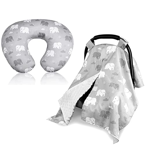 Image of Nursing Pillow Cover & Peekaboo Opening Carseat Canopy, Breastfeeding Pillow Cover & Baby Carseat Cover, Grey Elephant