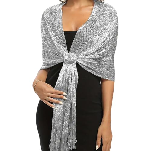 GSHLLO Sparkling Metallic Shawls Evening Party Wraps Wedding Stole Shawl Bling Formal Dress Shawl Elegant Tassel Scarf Silver